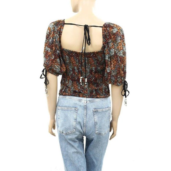 Free People Back On Crop Top Smocked Puff Sleeves Floral Printed S - Picture 7 of 8